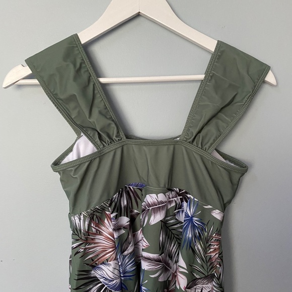 Feather Print Wide Strap Swimdress with Bow Ruching - Picture 12 of 16